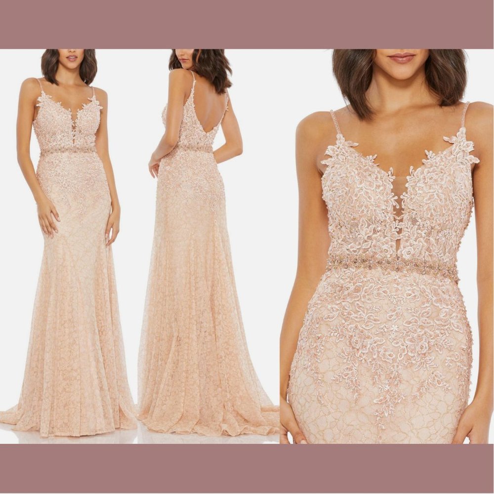 NWT $798 Mac Duggal‎ [ 12 ] Sleeveless Godet Skirt Lace Gown in Blush Pink